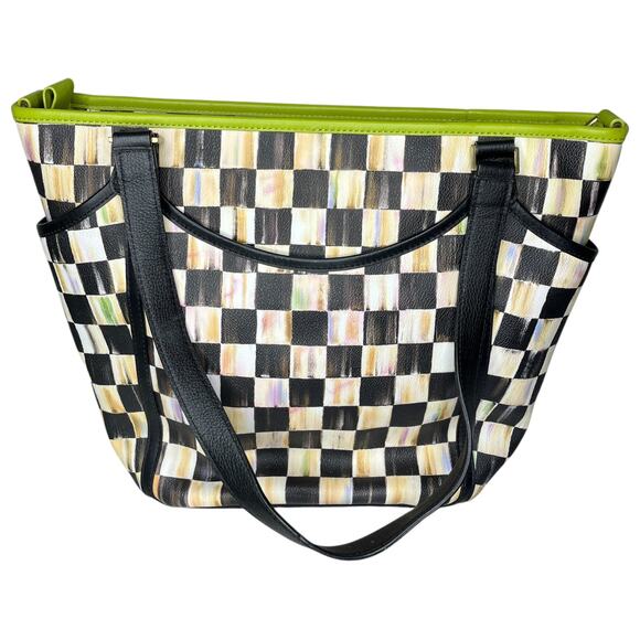 MacKenzie Childs Courtly Check Chartreuse Black Leather Diaper Bag Tote - Picture 2 of 9
